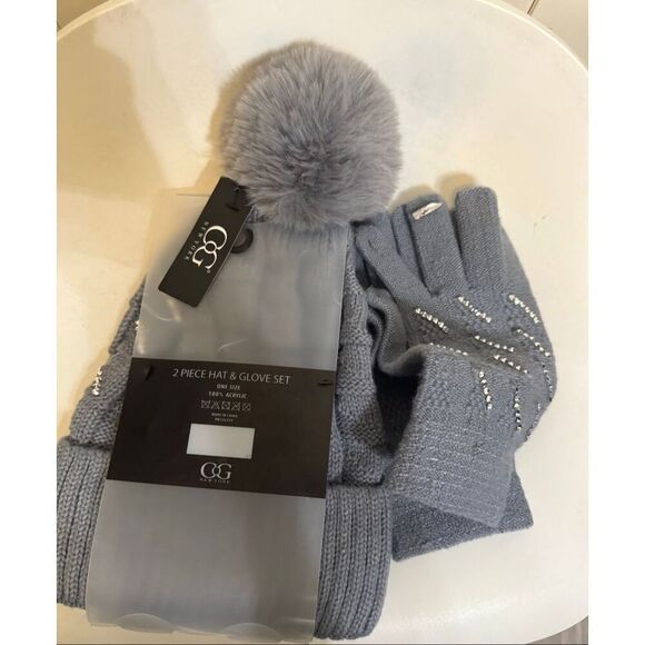 C G New York Women's Rhinestone Embellished 2Piece Hat & Glove Set Gray OS NWT - Picture 1 of 6